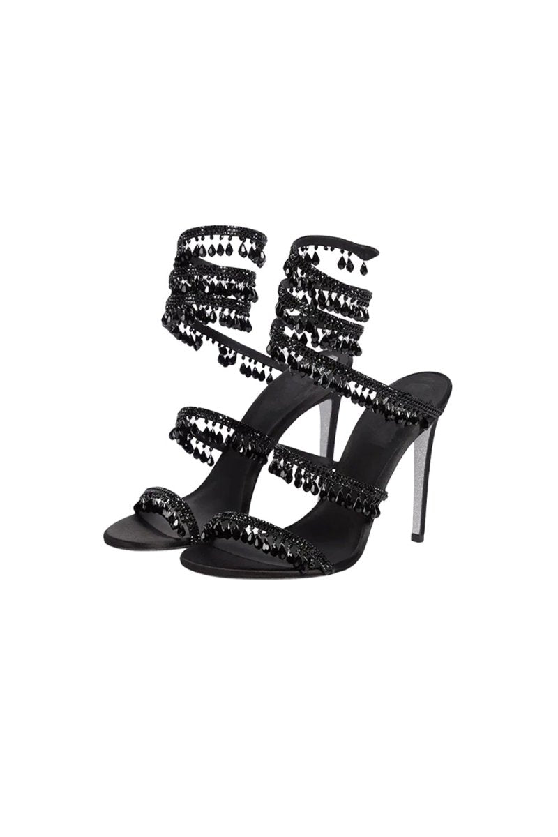 Open Toe Ankle Wrap Beaded Crystal Stiletto Heels