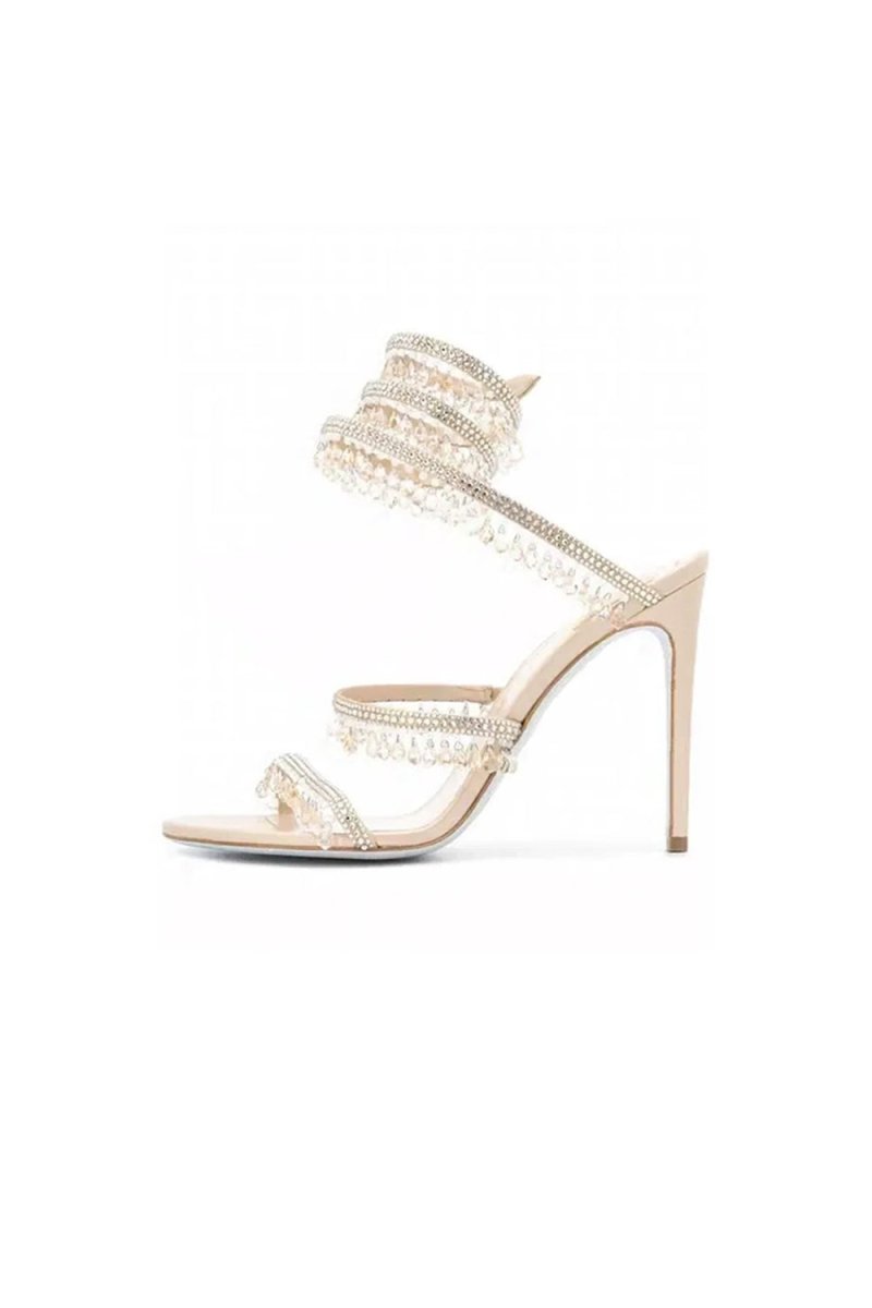 Open Toe Ankle Wrap Beaded Crystal Stiletto Heels