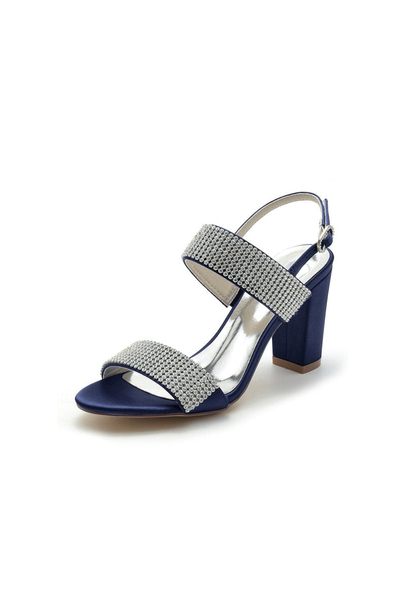 Open Toe Beaded Buckle Satin Chunky Heels - KissProm