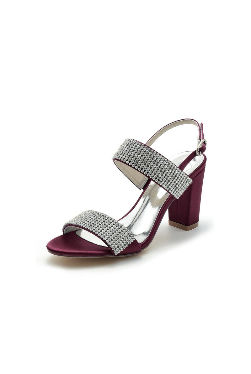 Open Toe Beaded Buckle Satin Chunky Heels - KissProm