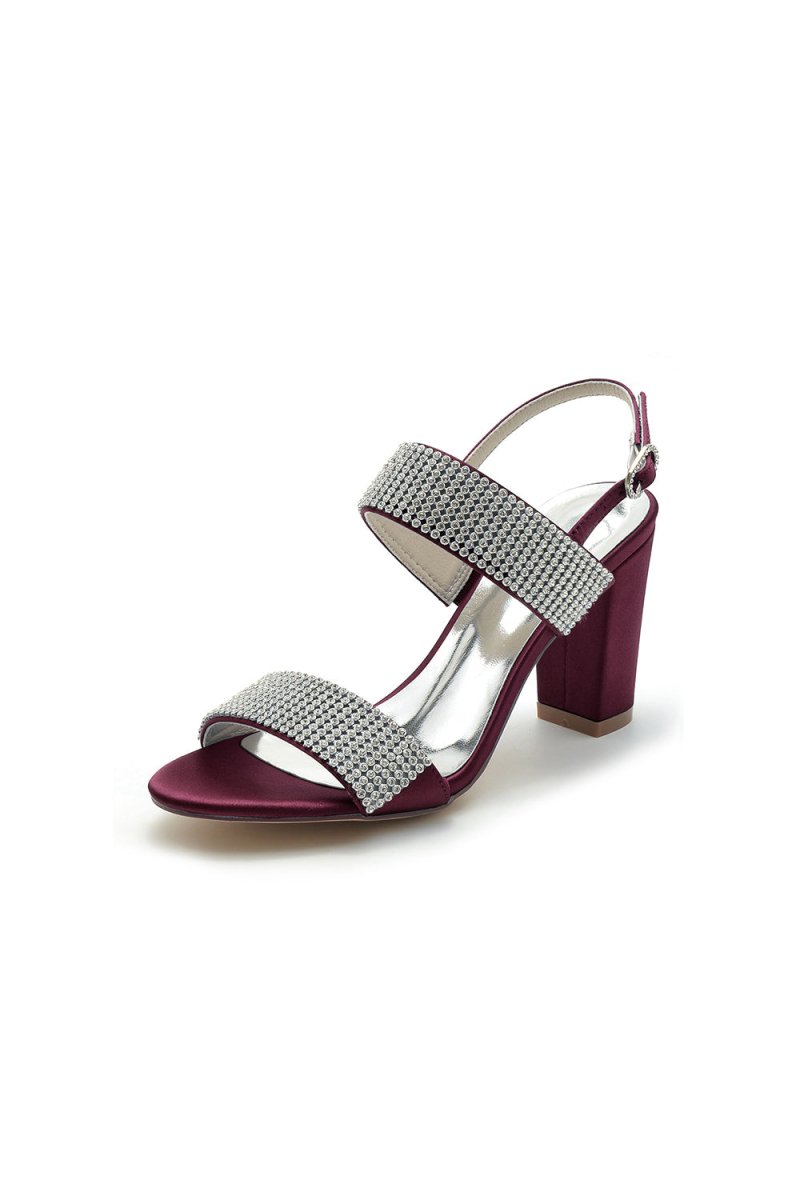 Open Toe Beaded Buckle Satin Chunky Heels - KissProm
