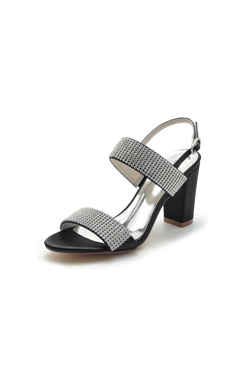 Open Toe Beaded Buckle Satin Chunky Heels - KissProm