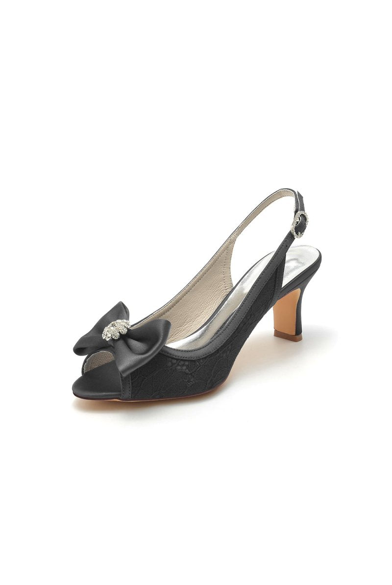 Open Toe Beaded Lace Wedding Shoes With Bow - KissProm