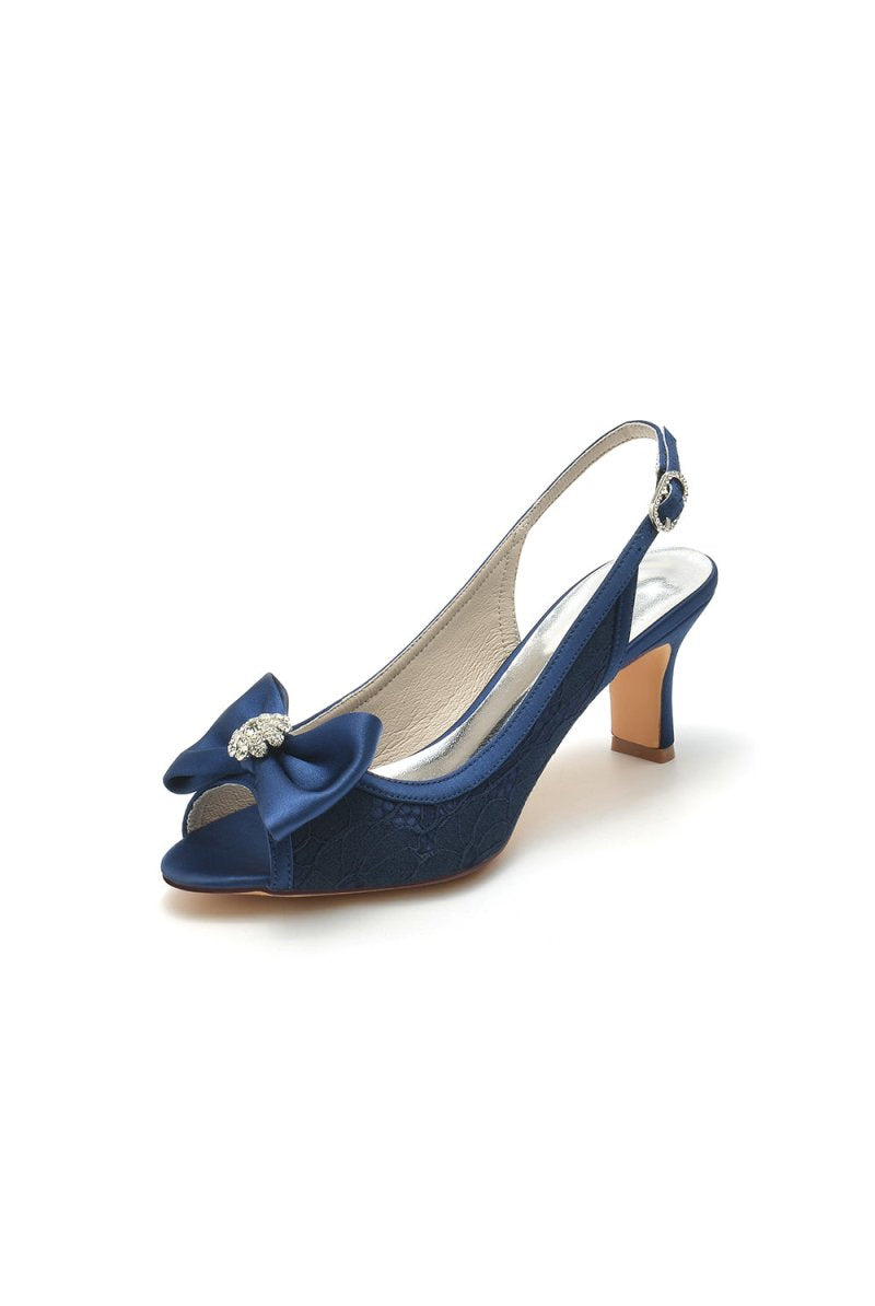 Open Toe Beaded Lace Wedding Shoes With Bow - KissProm