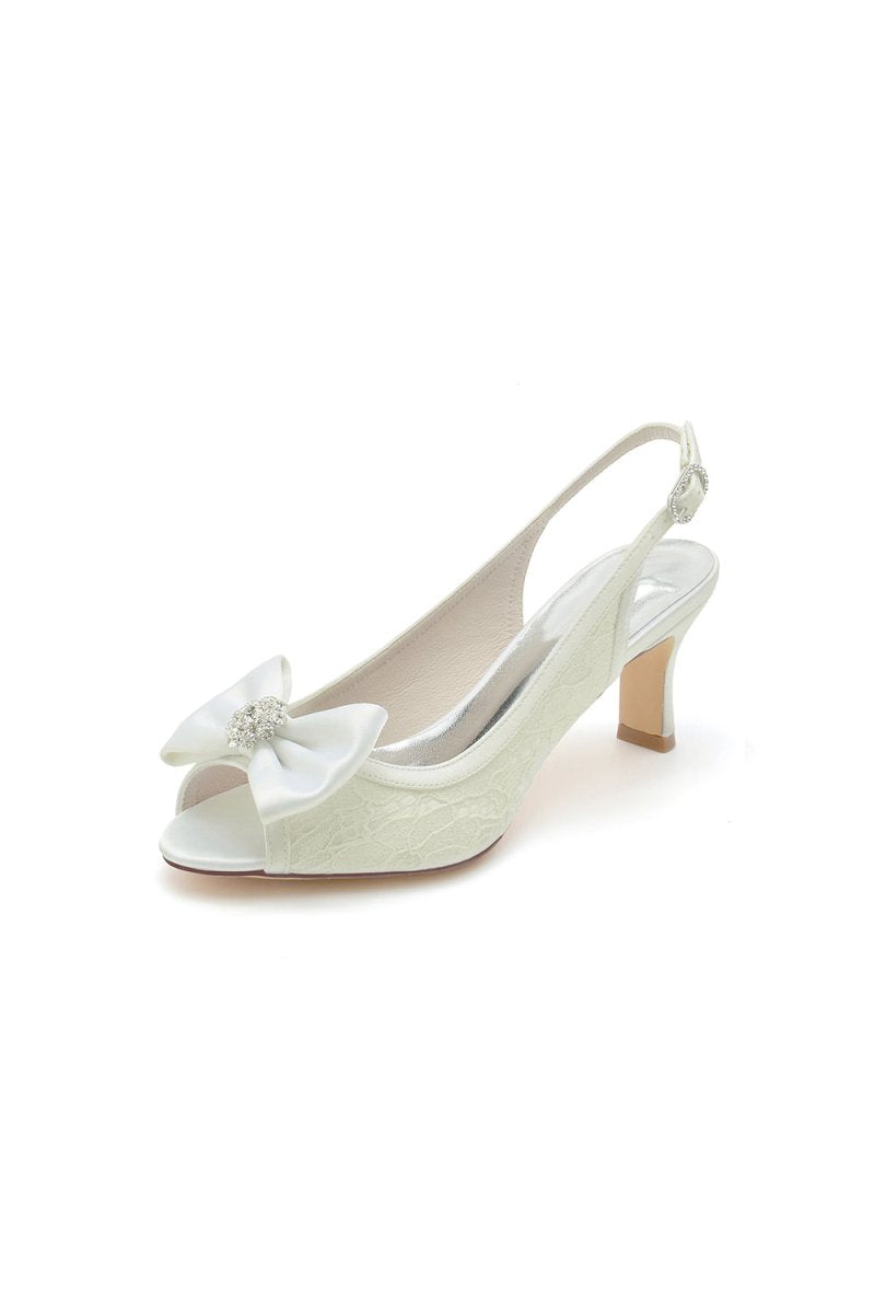 Open Toe Beaded Lace Wedding Shoes With Bow - KissProm