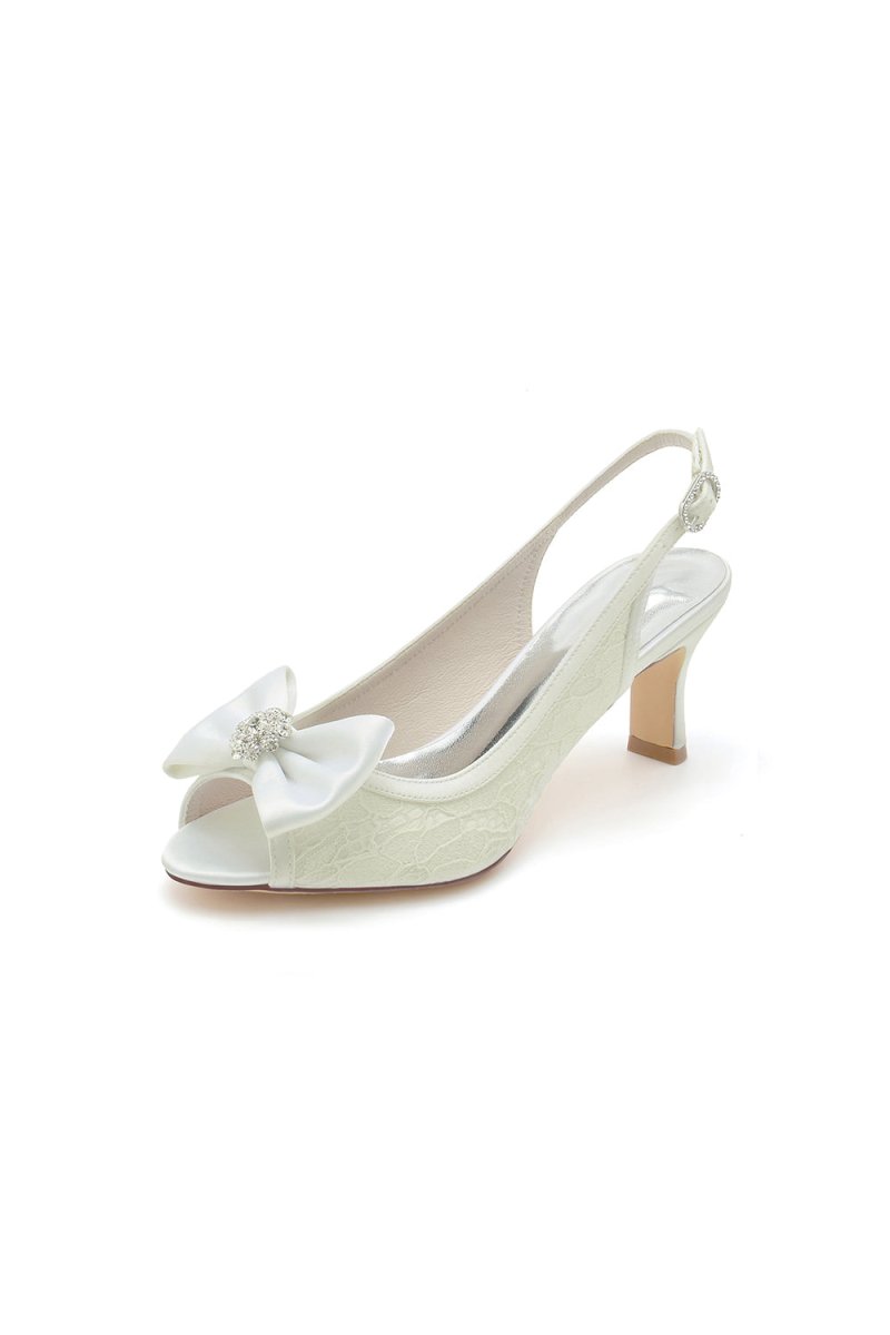 Open Toe Beaded Lace Wedding Shoes With Bow - KissProm