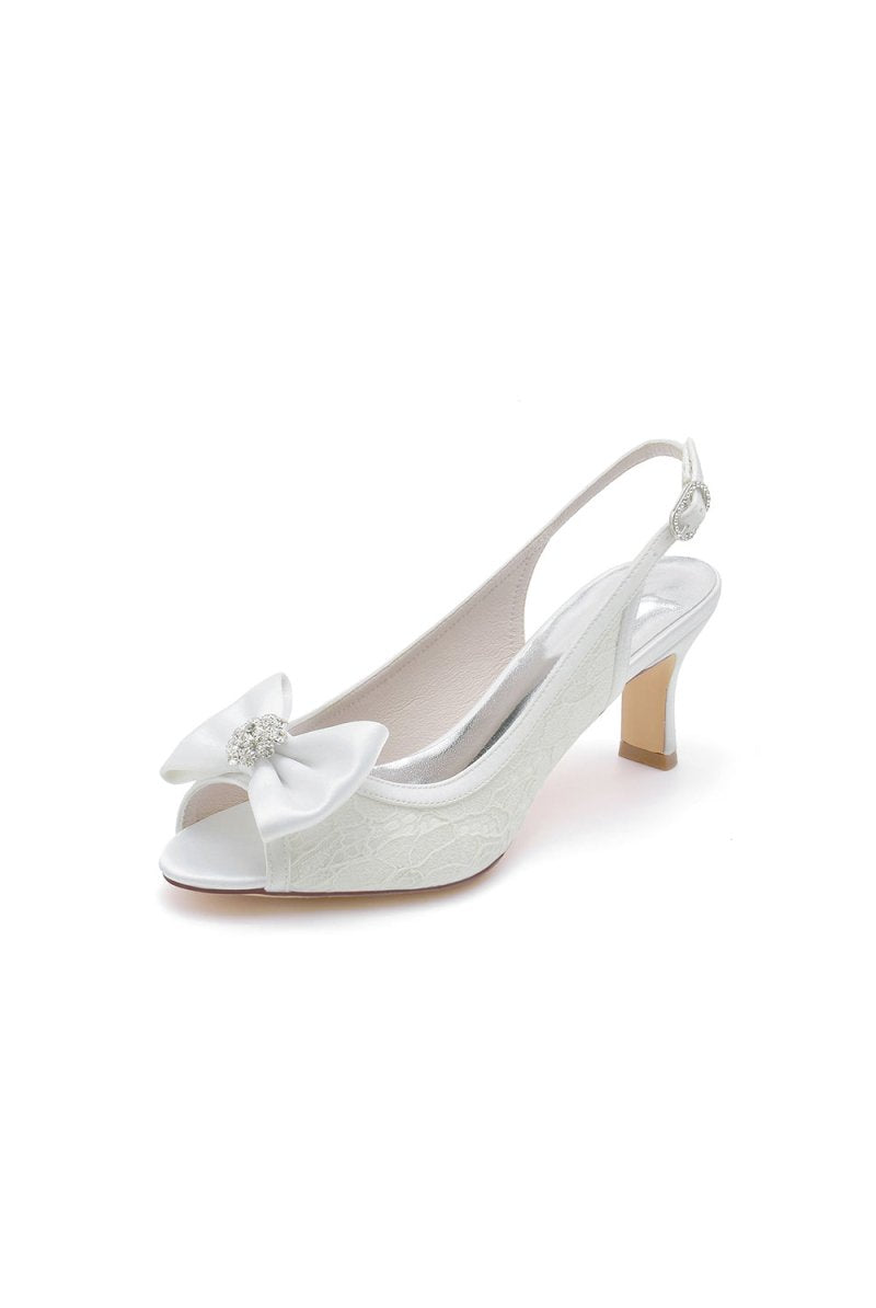 Open Toe Beaded Lace Wedding Shoes With Bow - KissProm