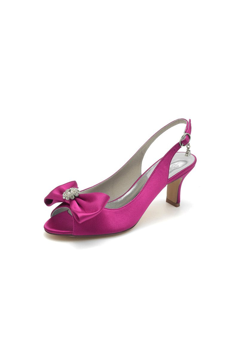 Open Toe Beaded Satin Stiletto Heels With Bow - KissProm