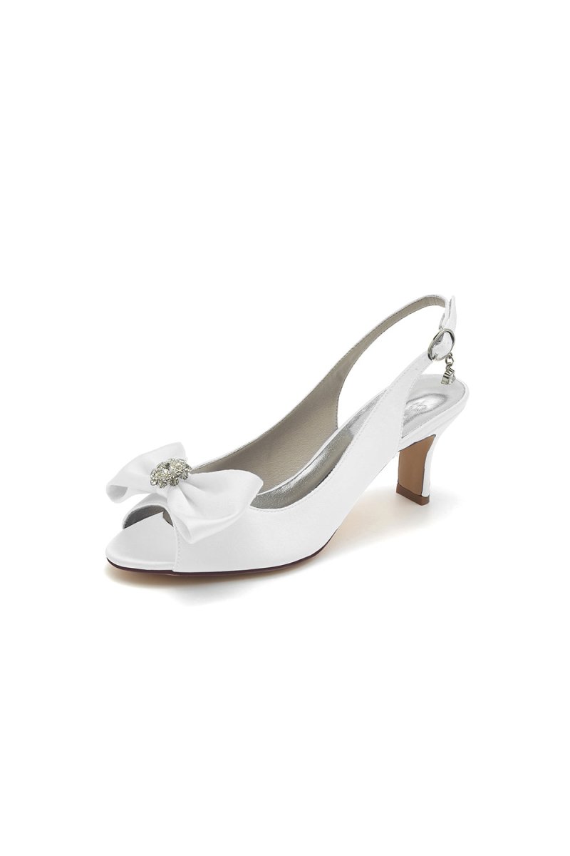 Open Toe Beaded Satin Stiletto Heels With Bow - KissProm