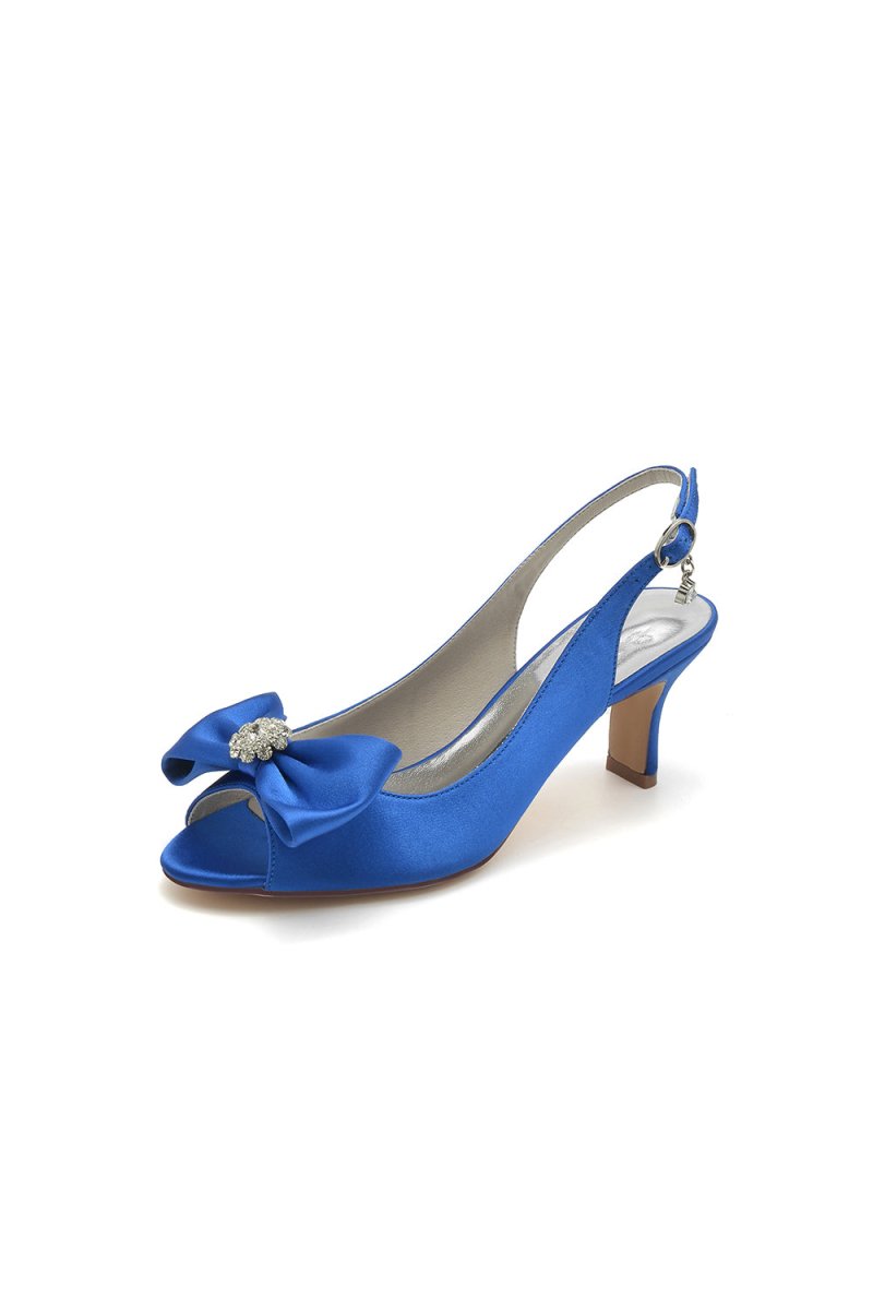 Open Toe Beaded Satin Stiletto Heels With Bow - KissProm