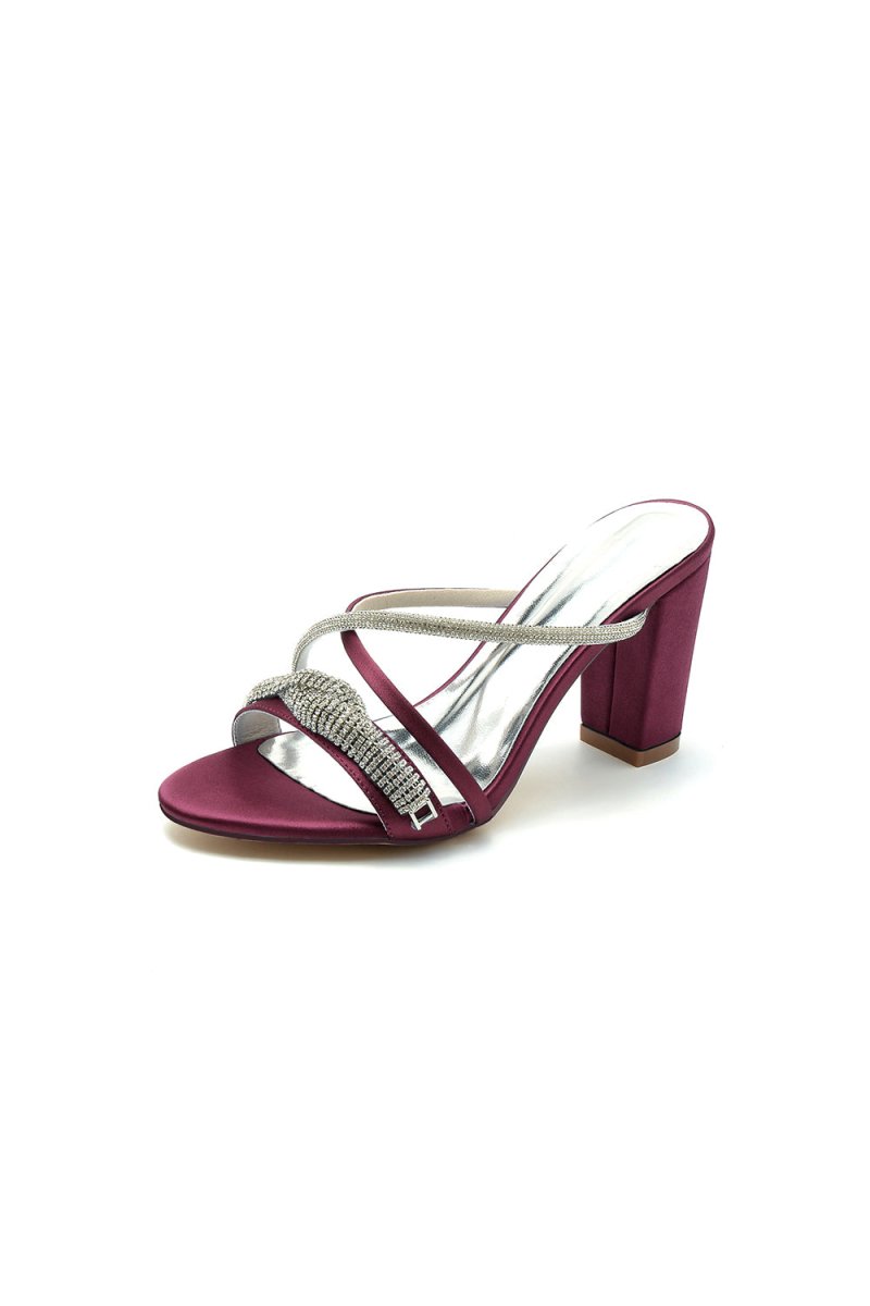 Open Toe Block Heels with Rhinestone - KissProm