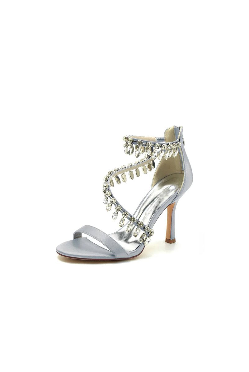 Open Toe Crystal Ankle Strap Stiletto Sandals - KissProm