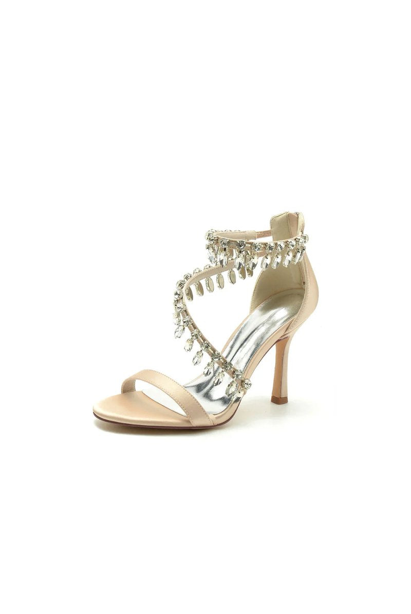 Open Toe Crystal Ankle Strap Stiletto Sandals - KissProm
