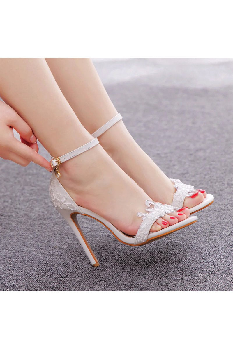 Open Toe lace Ankle Strap Wedding High Heel - KissProm