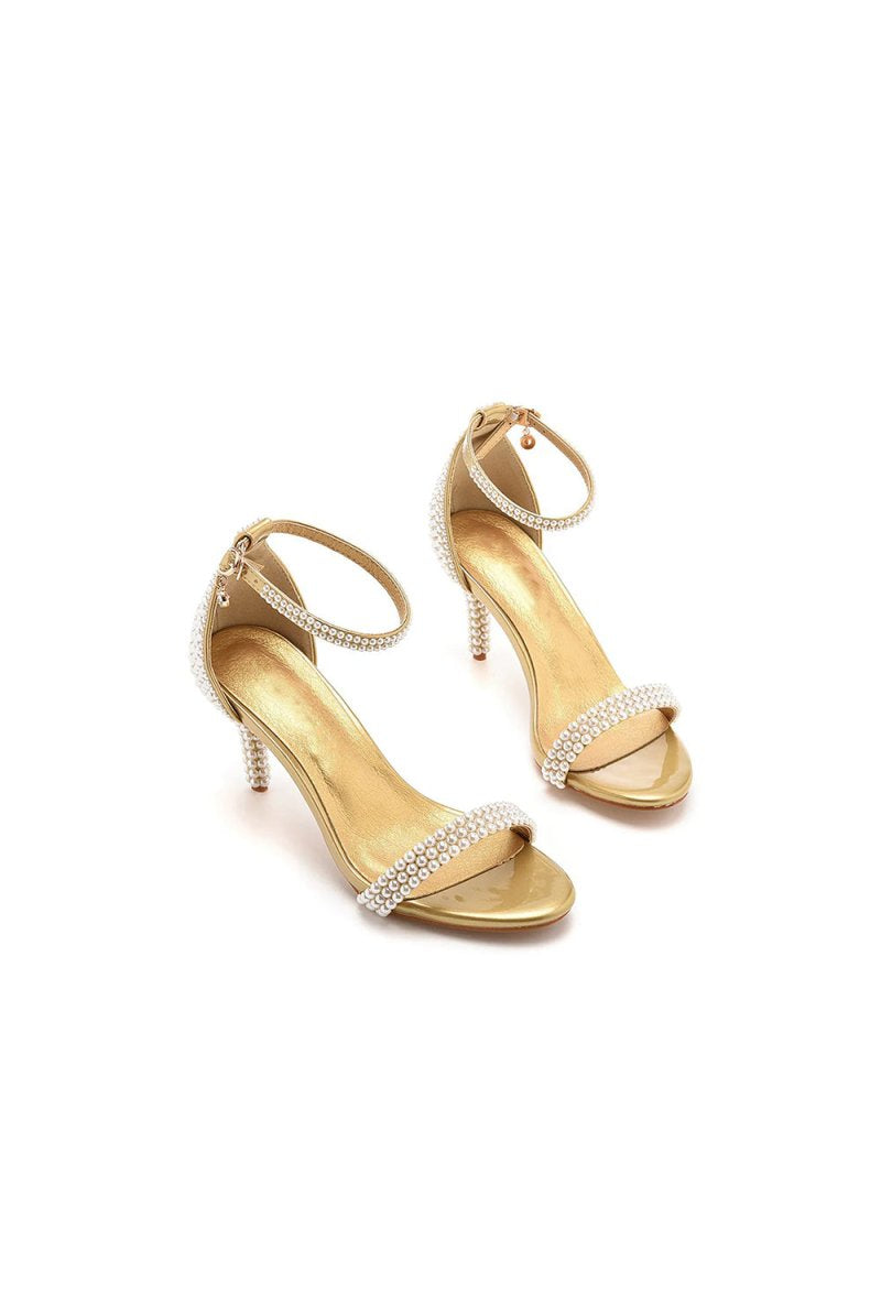 Open Toe Pearl Ankle Strap Wedding High Heels - KissProm