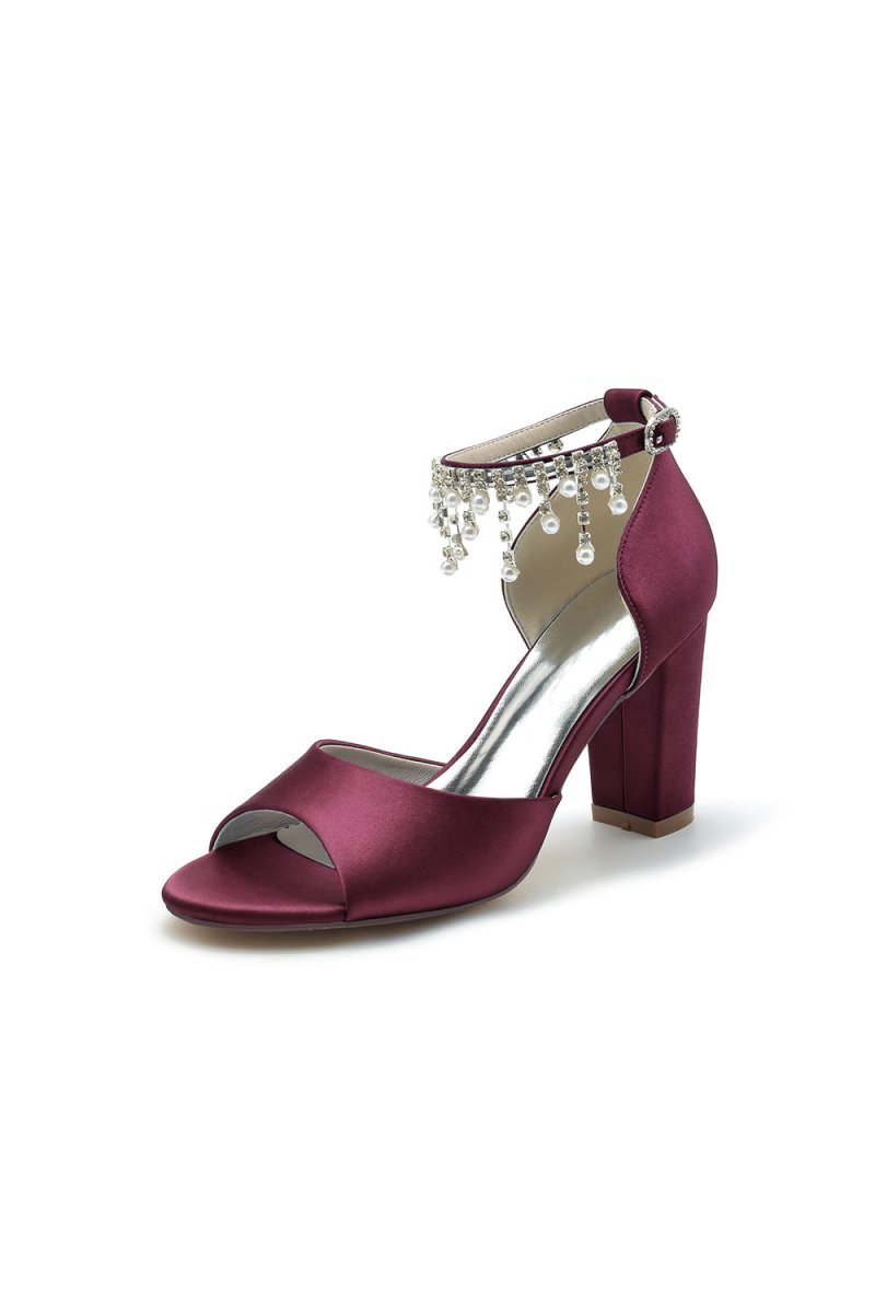 Open Toe Pearl Tassel Satin Chunky Heels - KissProm