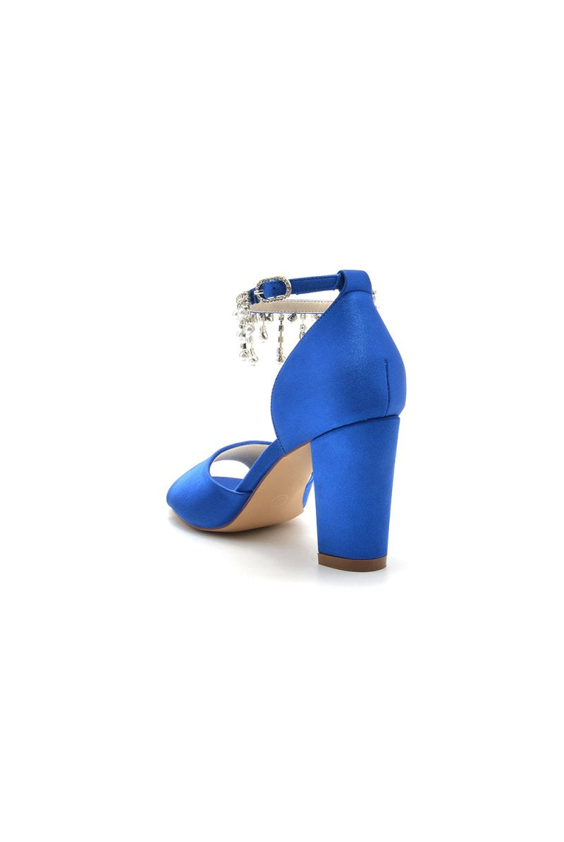 Open Toe Pearl Tassel Satin Chunky Heels - KissProm