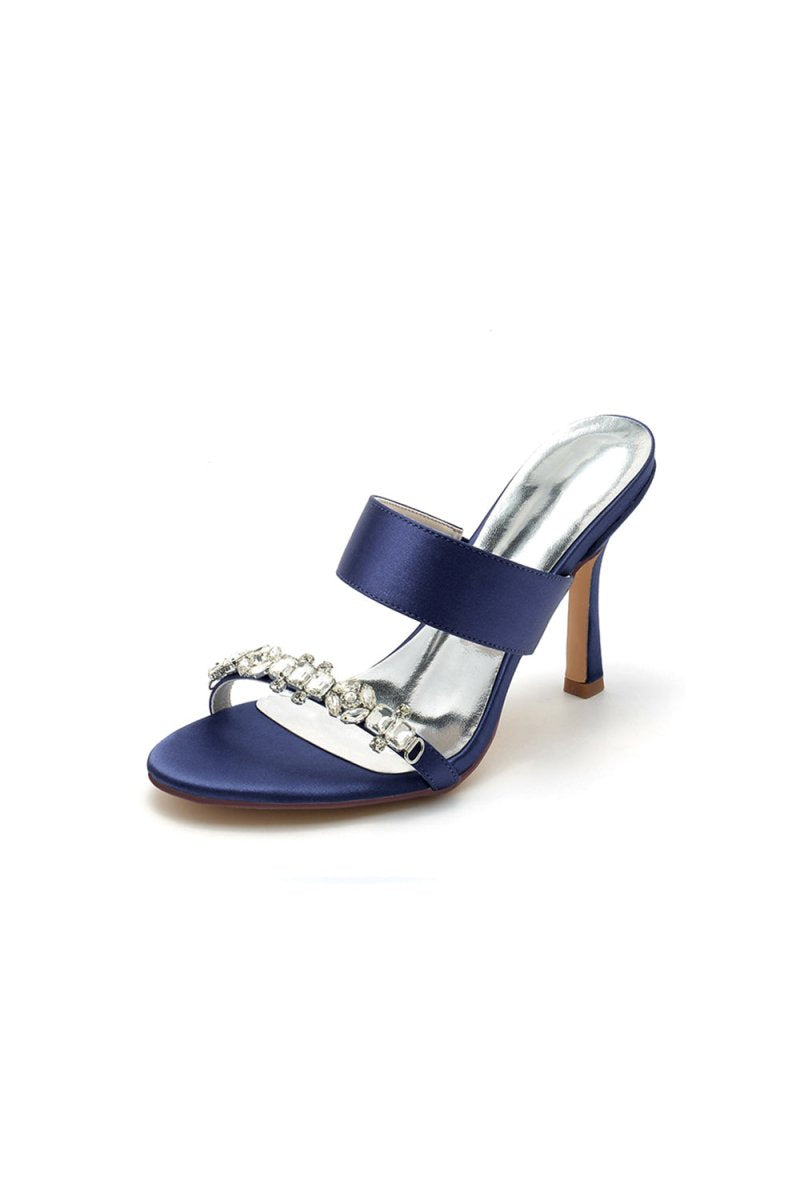 Open Toe Satin Strap Slip On High Heels With Rhinestone - KissProm