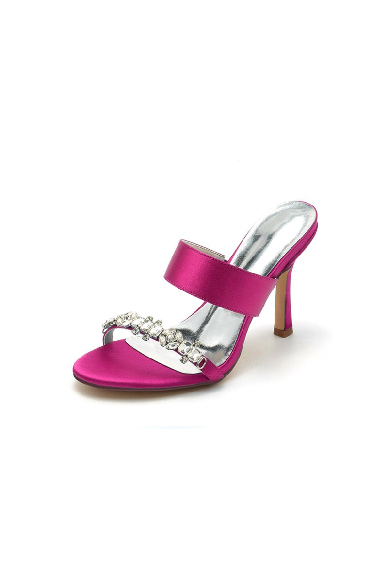 Open Toe Satin Strap Slip On High Heels With Rhinestone - KissProm