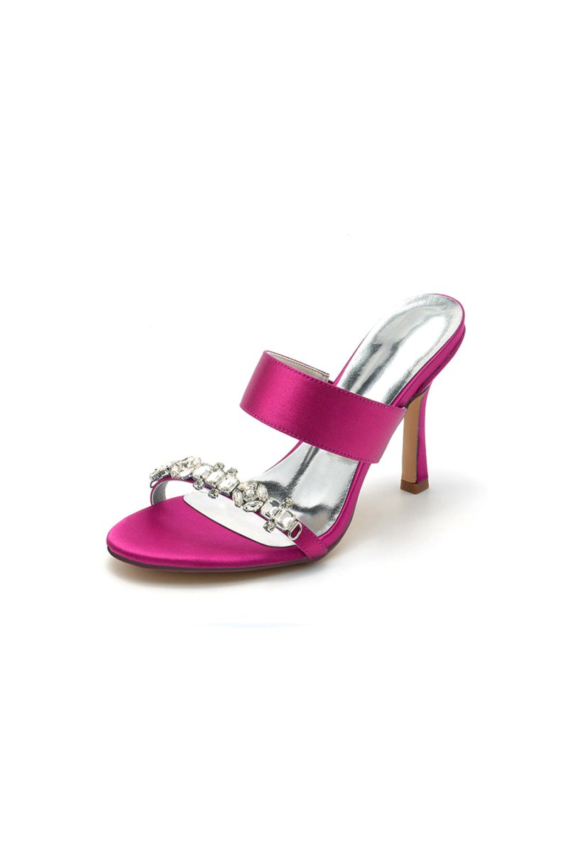 Open Toe Satin Strap Slip On High Heels With Rhinestone - KissProm