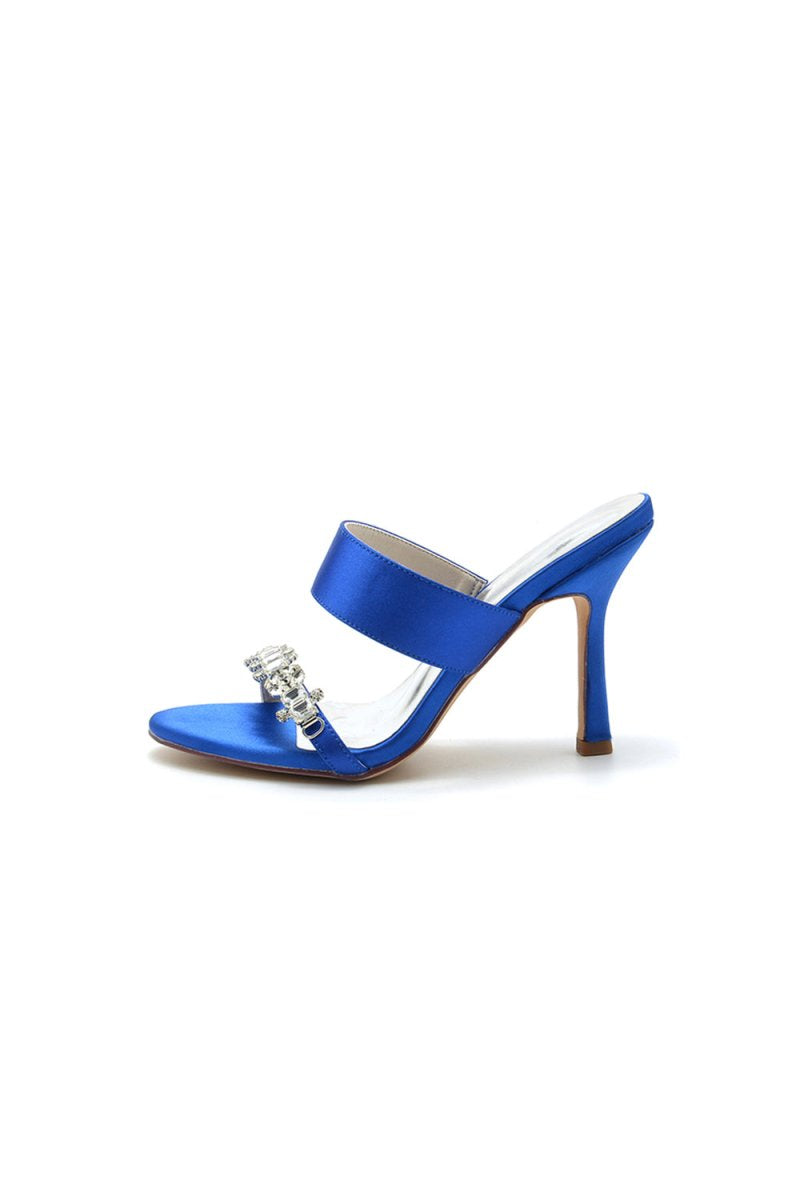Open Toe Satin Strap Slip On High Heels With Rhinestone - KissProm