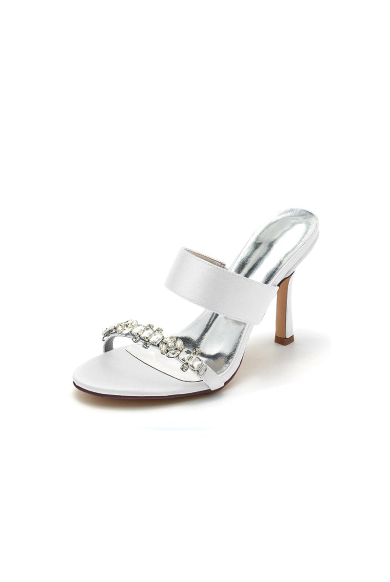 Open Toe Satin Strap Slip On High Heels With Rhinestone - KissProm