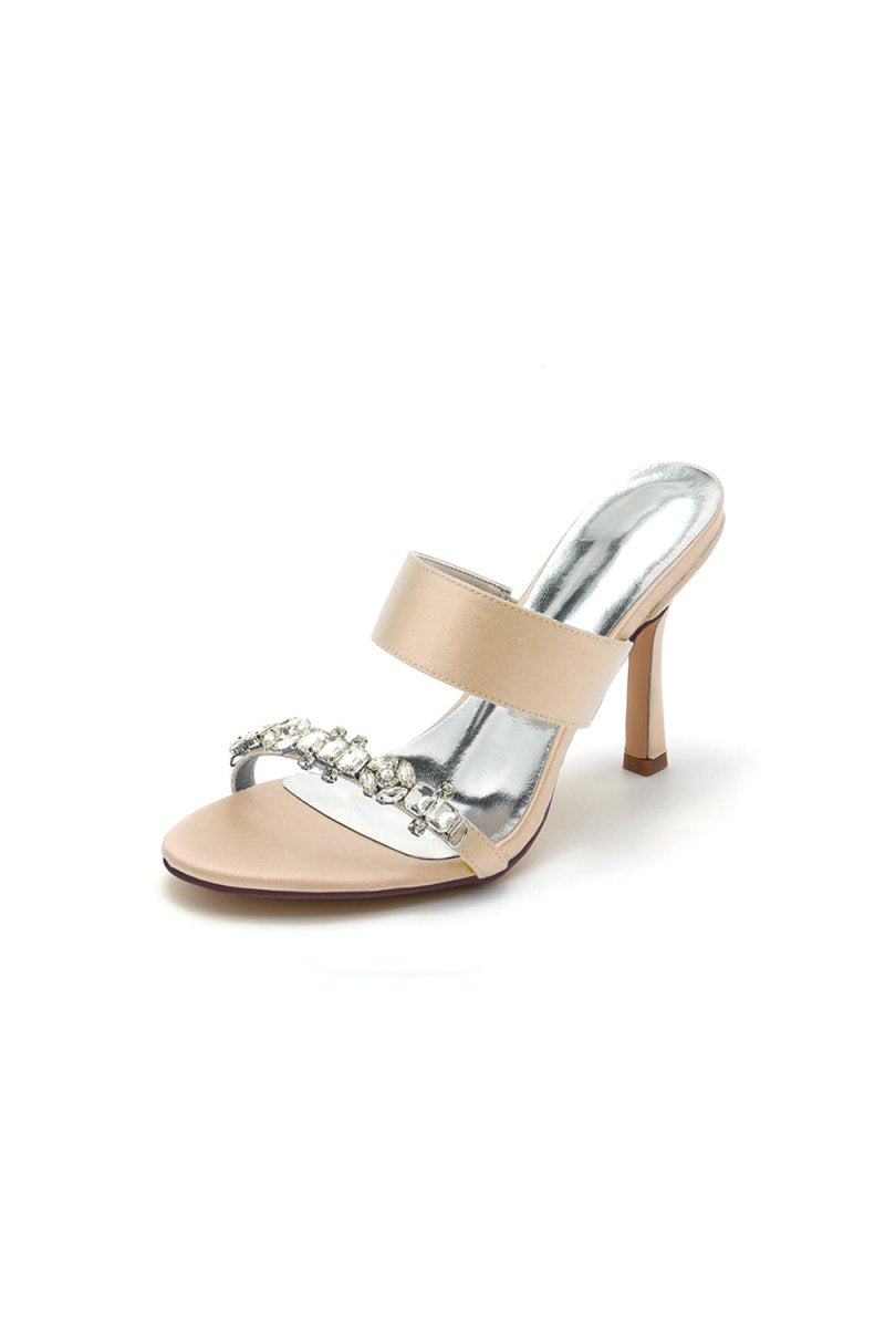 Open Toe Satin Strap Slip On High Heels With Rhinestone - KissProm