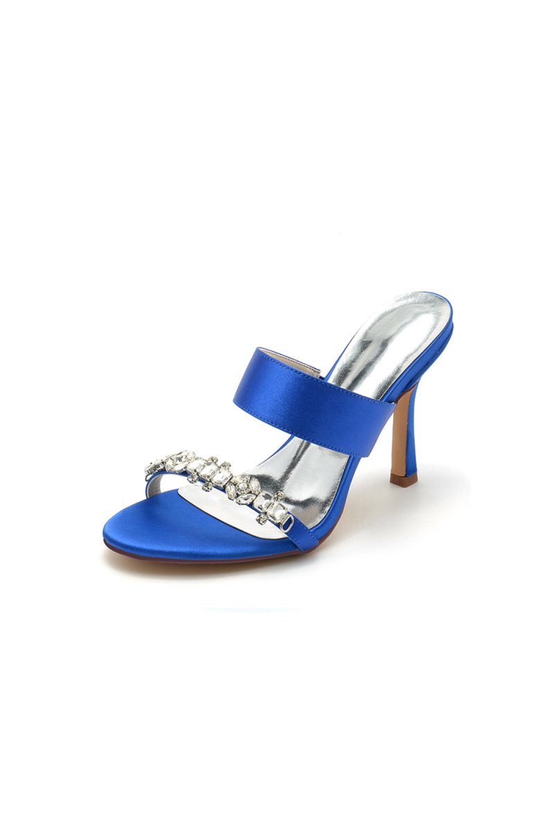 Open Toe Satin Strap Slip On High Heels With Rhinestone - KissProm