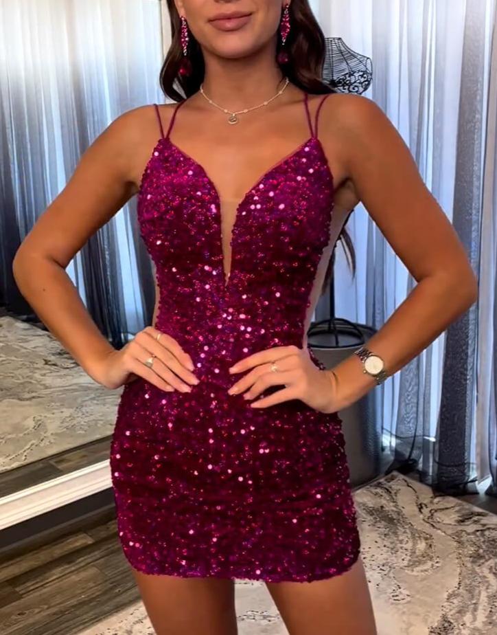 open lace back dress Sheath Fuchsia Sequin Mini Party Dresses, Fuchsia / 2