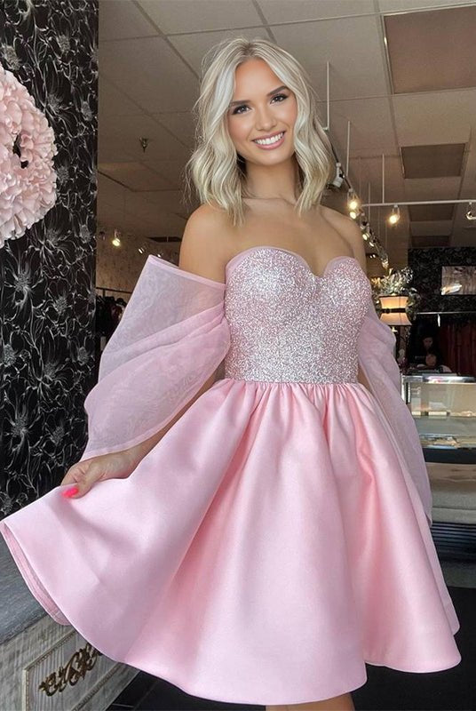 Ophelina | Pink - A-Line Off The Shoulder Sequined Short Homecoming Dresses
