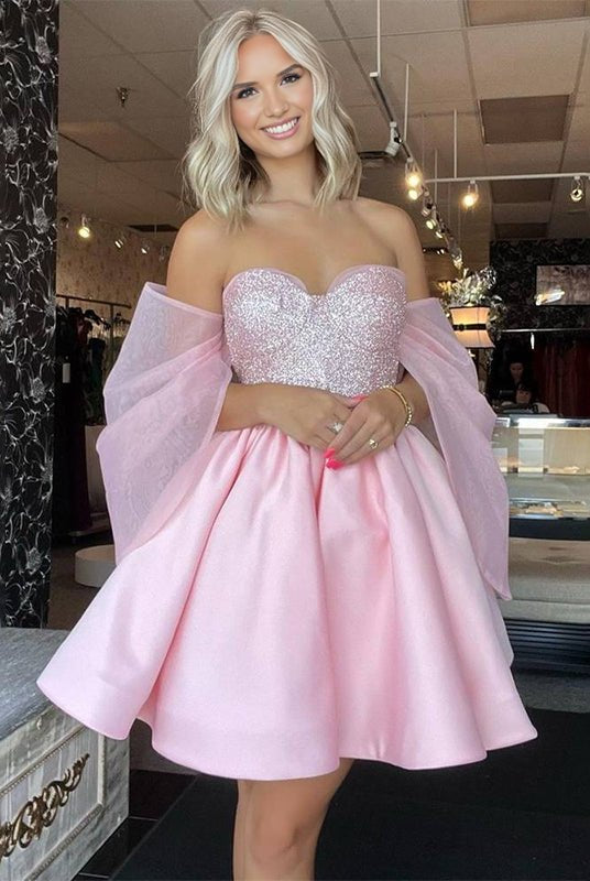 Ophelina | Pink - A-Line Off The Shoulder Sequined Short Homecoming Dresses