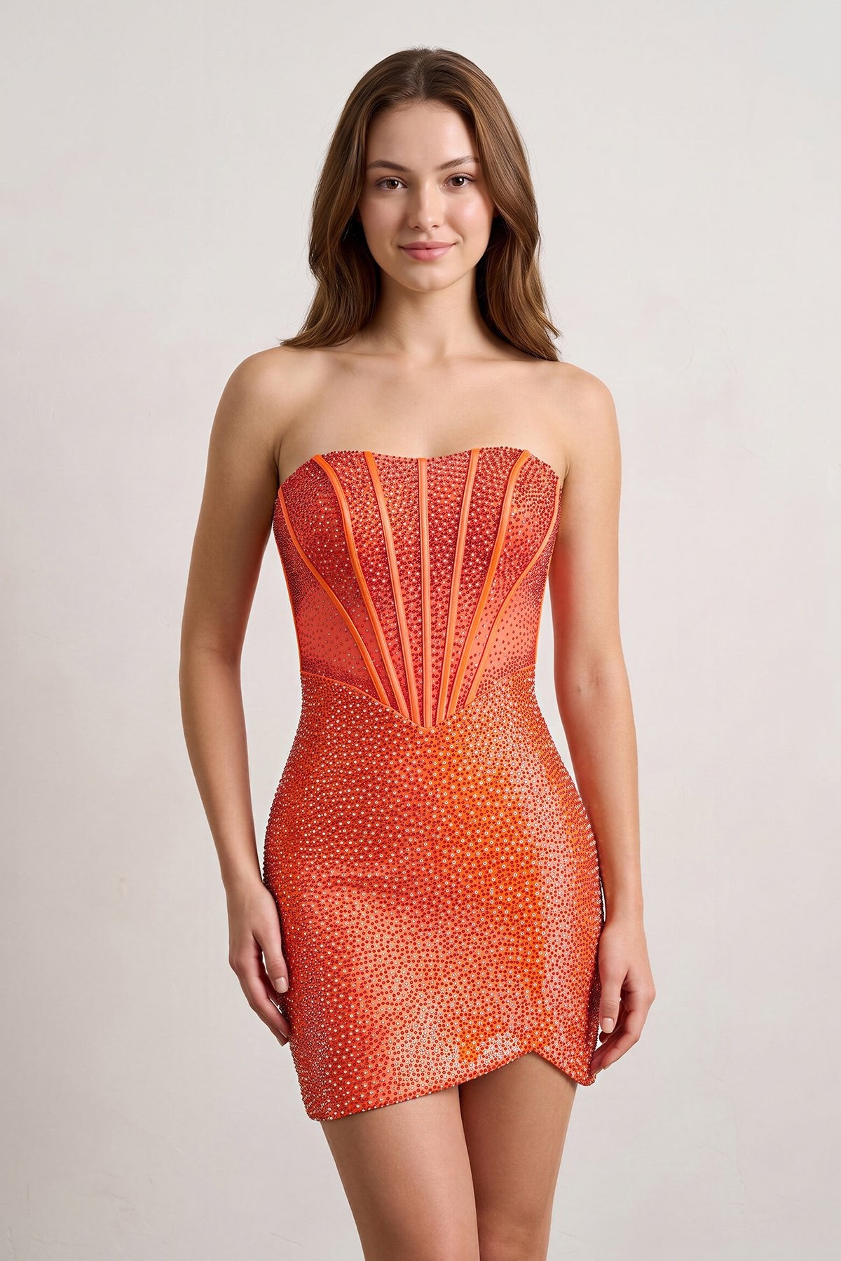 KissProm Orange Tight Beaded Strapless Short Corset Homecoming Dresses, Orange / 14