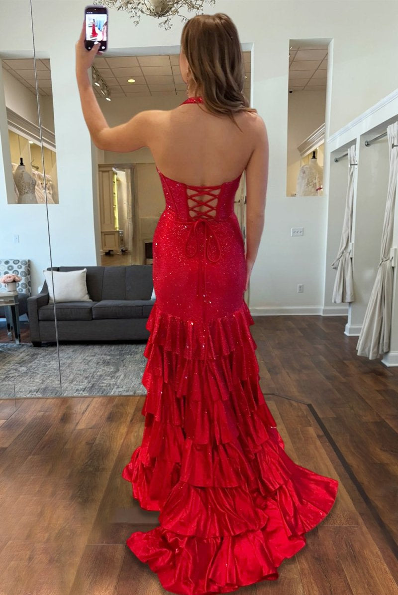 Oree | Red - Halter Mermaid Satin Beaded Long Formal Prom Dresses With Ruffles - KissProm