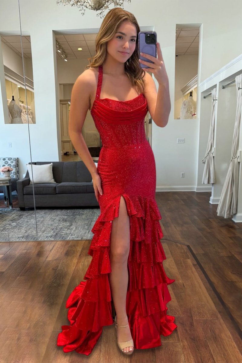 Oree | Red - Halter Mermaid Satin Beaded Long Formal Prom Dresses With Ruffles - KissProm