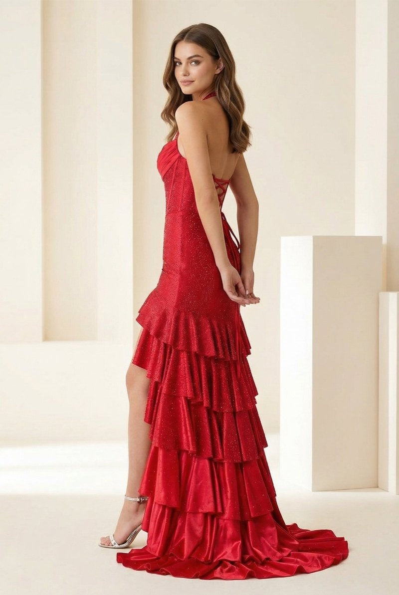 Oree | Red - Halter Mermaid Satin Beaded Long Formal Prom Dresses With Ruffles - KissProm