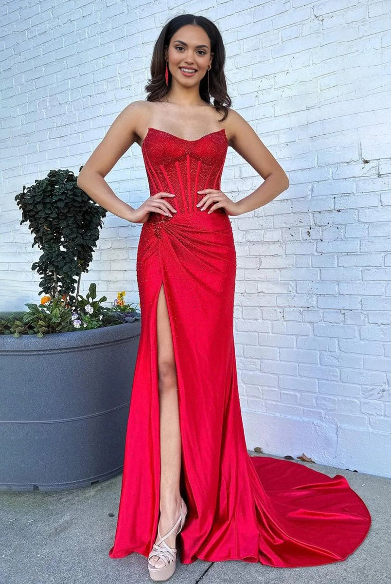 Oren | Mermaid Red Satin Corset Long Prom Dresses with Slit - KissProm