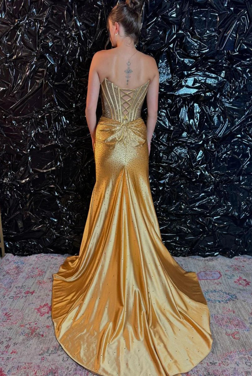 Oren | Mermaid Gold Satin Corset Long Prom Dresses with Slit - KissProm