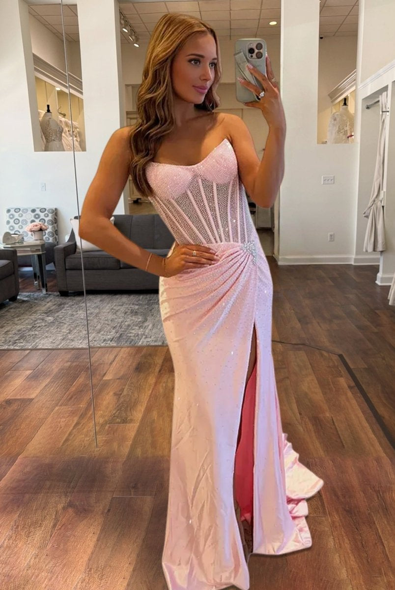 Oren | Mermaid Gold Satin Corset Long Prom Dresses with Slit - KissProm