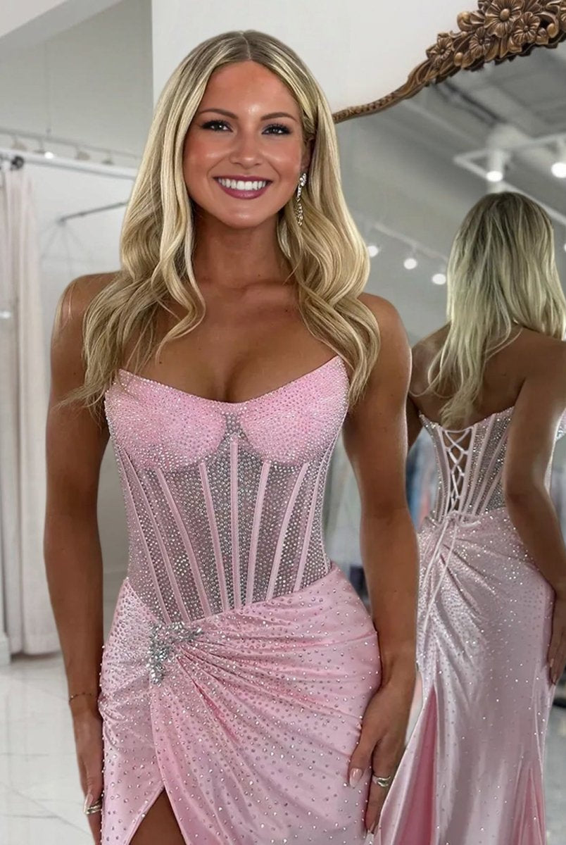 Oren | Mermaid Gold Satin Corset Long Prom Dresses with Slit - KissProm