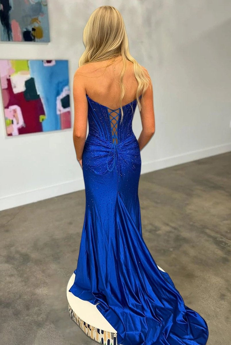 Oren | Mermaid Gold Satin Corset Long Prom Dresses with Slit - KissProm