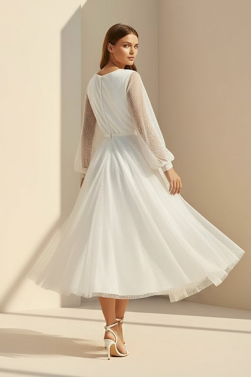 Organa | A - Line Tulle White Tea - Length Long Sleeve Wedding Dress - KissProm