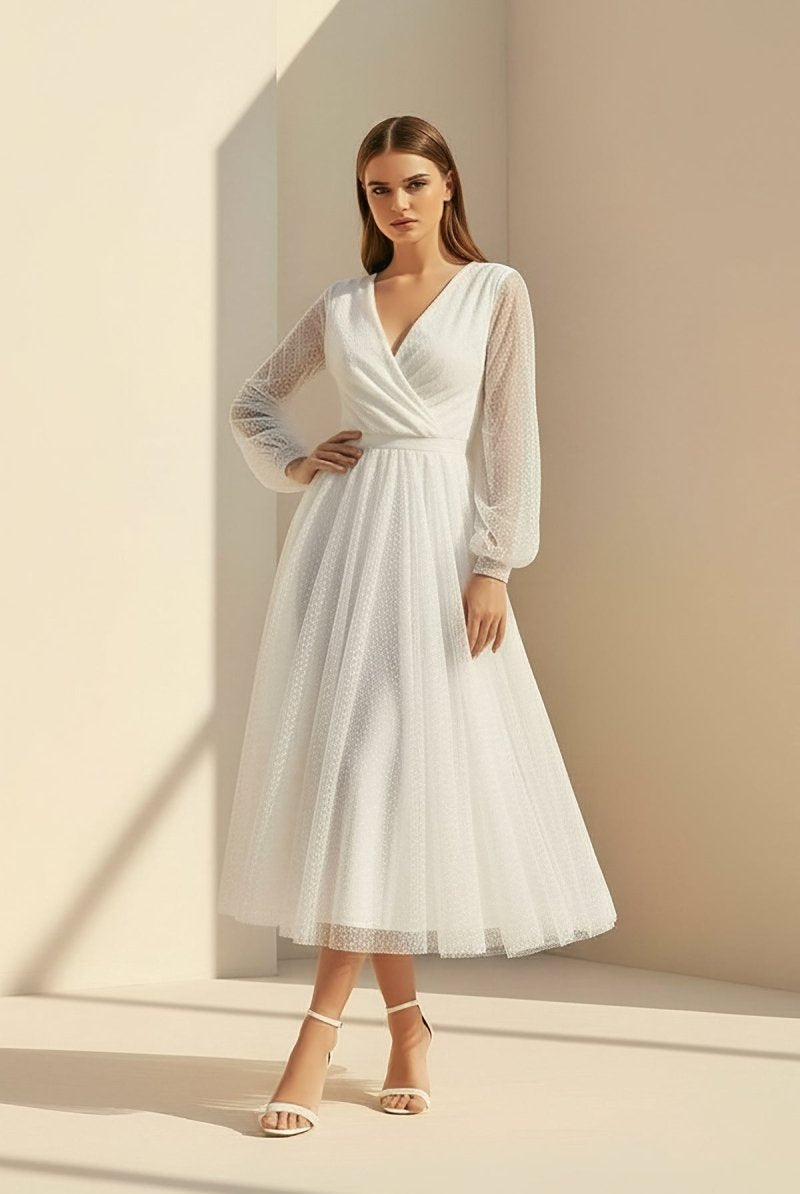 Organa | A - Line Tulle White Tea - Length Long Sleeve Wedding Dress - KissProm