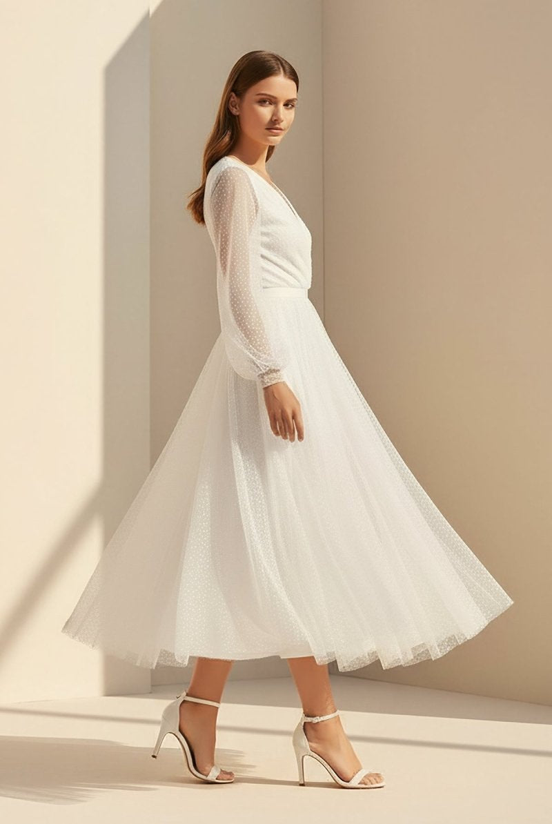 Organa | A - Line Tulle White Tea - Length Long Sleeve Wedding Dress - KissProm
