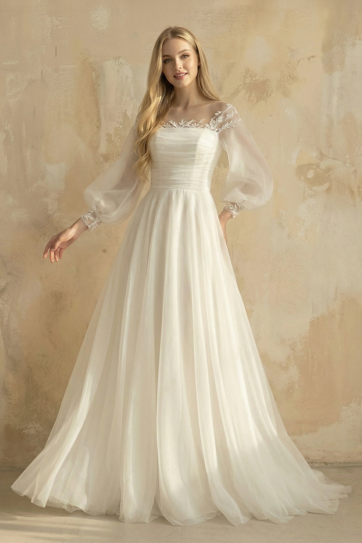 Elegant Simple Beach A-Line Lace Organza Floor Zipper Low-V BackWedding Dress with Sheer Sleeve Elegant Simple Beach A-Line Lace Organza Floor Zipper Low-V BackWedding Dress with Sheer Sleeve