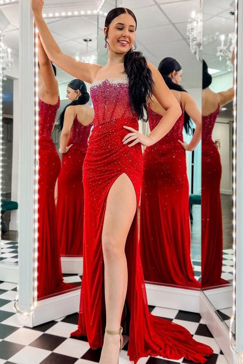 Oriole | Spaghetti Straps Beaded Mermaid Prom Dress with Slit