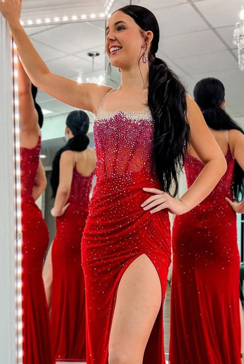 Oriole | Spaghetti Straps Beaded Mermaid Prom Dress with Slit