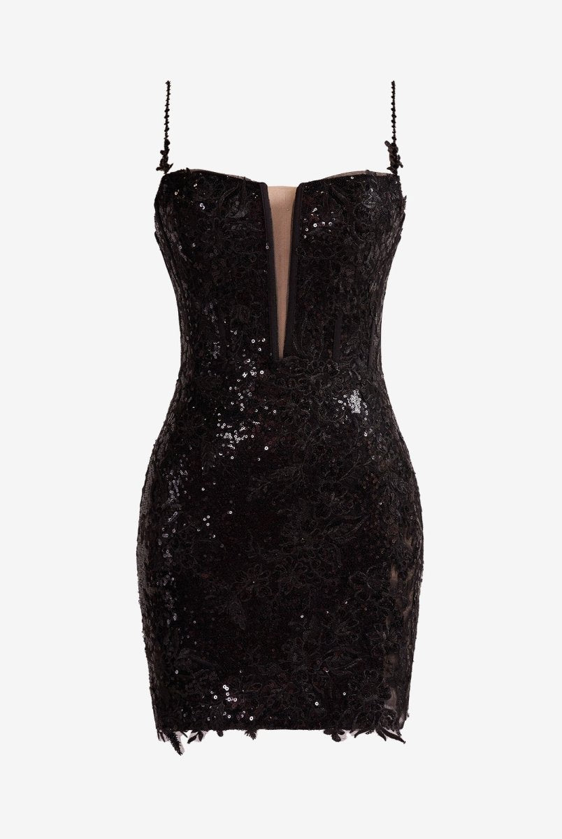 Orla | Black Sheath Spaghetti Straps Sequined Lace Homecoming Dress
