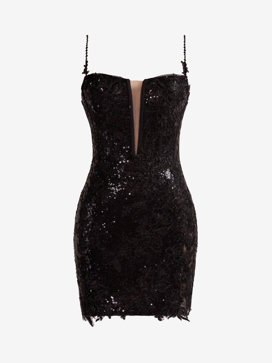 Orla Short Black Sheath Spaghetti Straps Sequined Lace Homecoming Dress Black / 00 Orla Short Black Sheath Spaghetti Straps Sequined Lace Homecoming Dress Black / 00