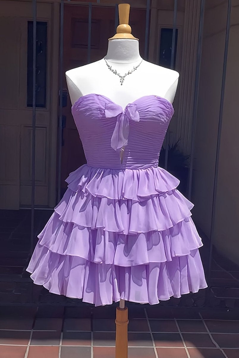 Orlaith | Lavender - A Line Tulle Ruffles Sweetheart Short Homecoming Dresses with Bow