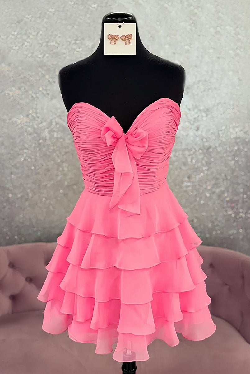 Orlaith | Pink - A Line Tulle Ruffles Sweetheart Short Homecoming Dresses with Bow